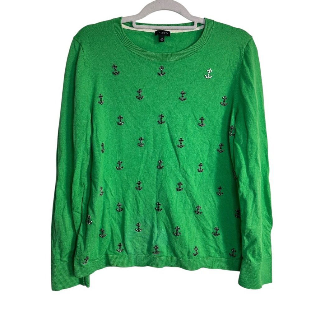 Talbots‎ Green Anchor Gem Embellished Front Longsleeve Sweater Top Size XL
